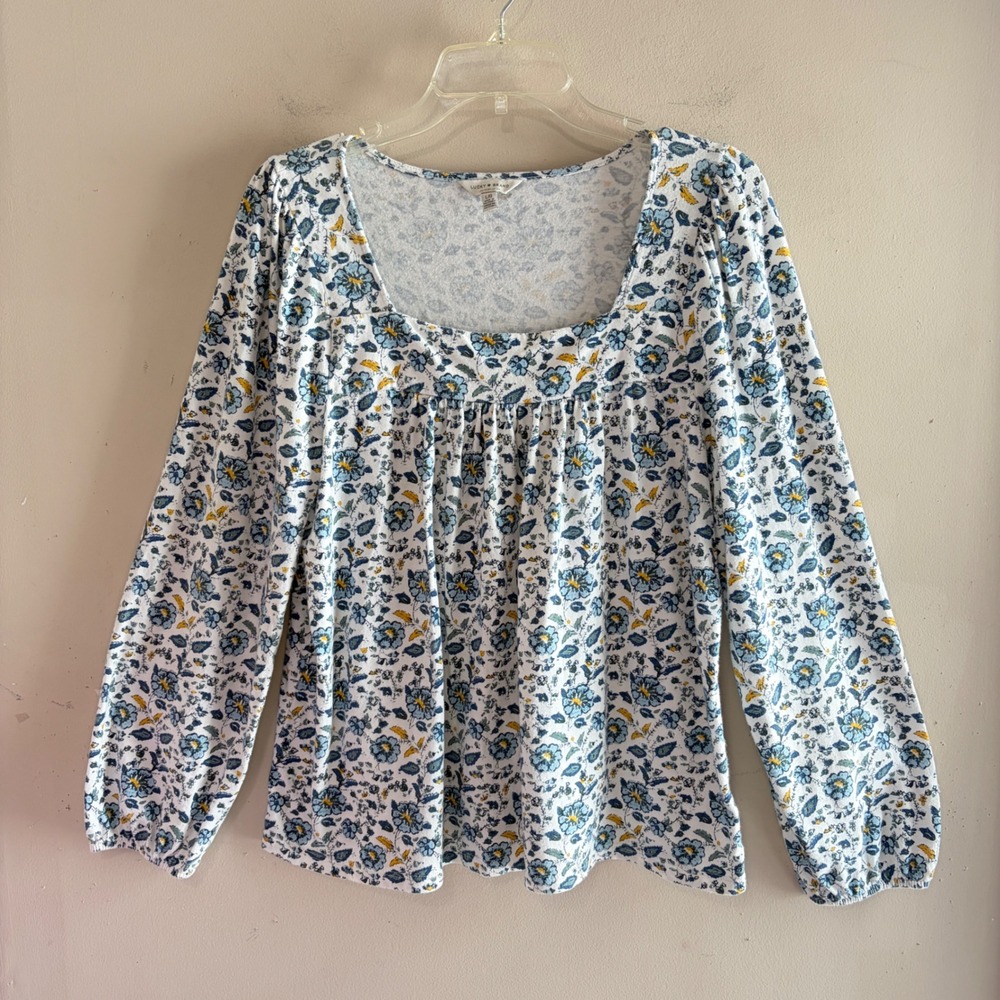 LUCKY BRAND Cottagecore Balloon Sleeve Floral Boho Square Neck Peasant Top, Lrg